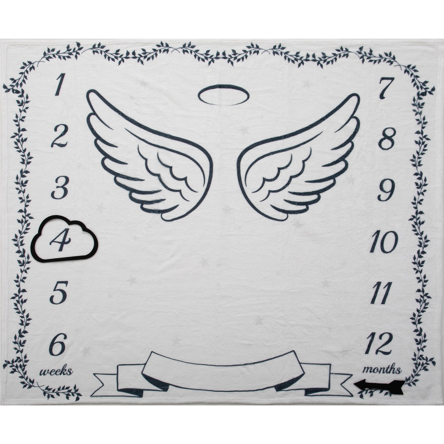 Capture the magic of your baby's growth with our soft and adorable heavenly dreams milestone blanket. Crafted from plush, high-quality material, this blanket features a whimsical angel wings and halo design that makes it perfect for monthly photo sessions. Watch your little one grow, and create a heartwarming keepsake of their first year.