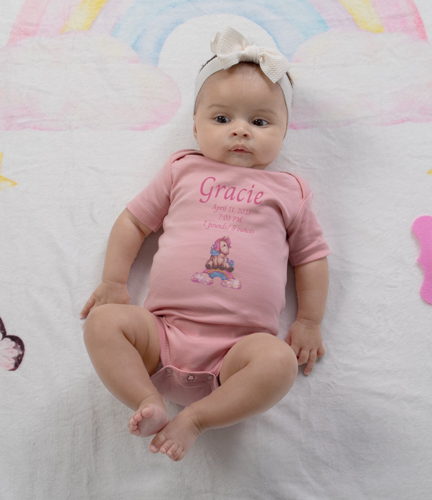 Magical Unicorn and Rainbow Short Sleeve Pink Personalized Onesie