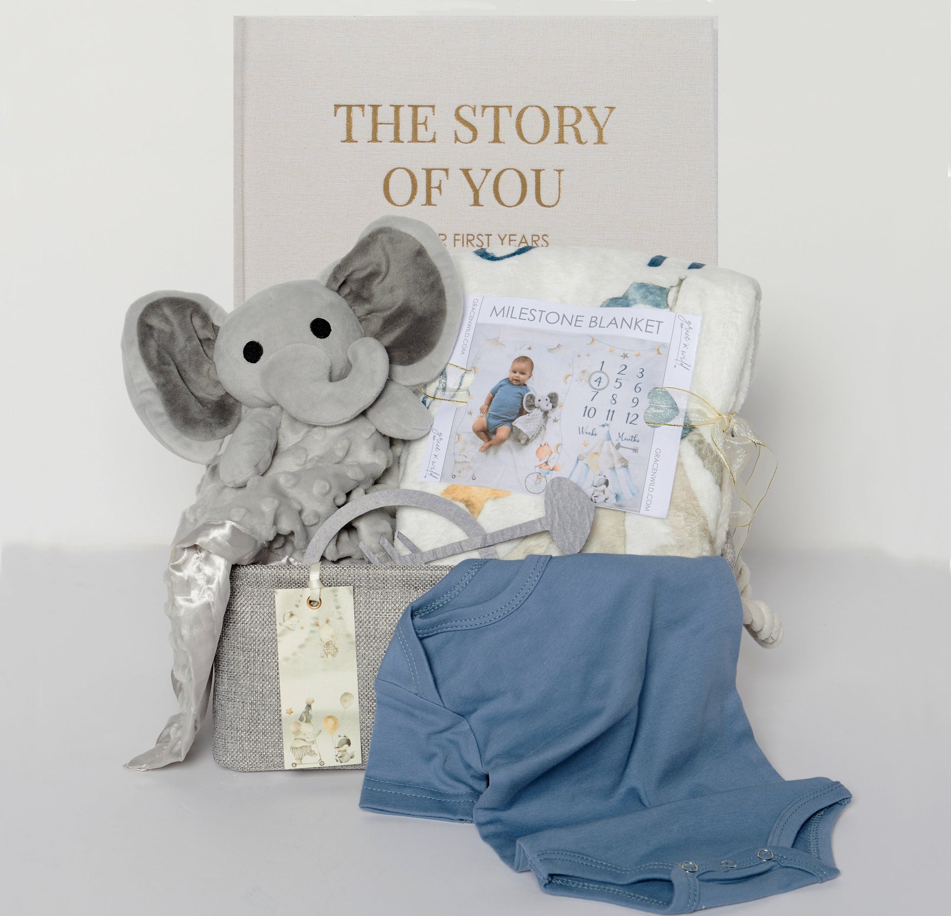 Introducing our Milestone Moments Gift Basket - the perfect way to celebrate every precious moment in a baby's journey. Whether you're welcoming a new addition to the family or attending a baby shower, this thoughtfully curated gift basket is sure to bring joy and create lasting memories. Embrace every moment, big and small, and make them even more special with our Milestone Moments Gift Basket. Order yours today and let the journey of a lifetime begin.