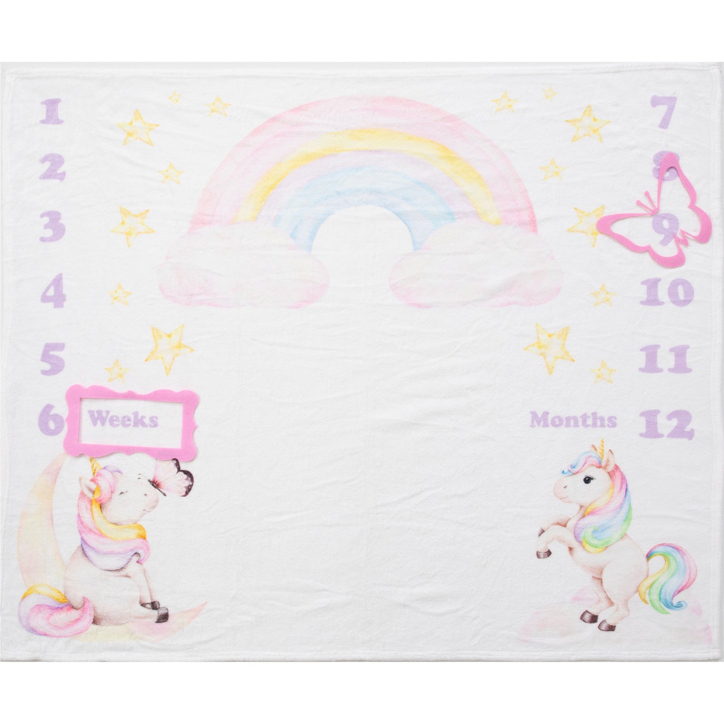 Our Rainbow Unicorn and Friends Baby Milestone Blanket is crafted from soft, breathable, and durable fabric, ensuring your baby's comfort during each photoshoot. It's designed to withstand the test of time while capturing the extraordinary moments of your baby's first year.