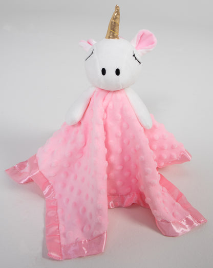 Our adorable stuffed unicorn lovey and security blanket companion is the perfect cuddly friend for your baby. Made of a soft plush fabric, lined with luxurious satin and crafted with love, it's sure to provide comfort and companionship throughout the early years.  