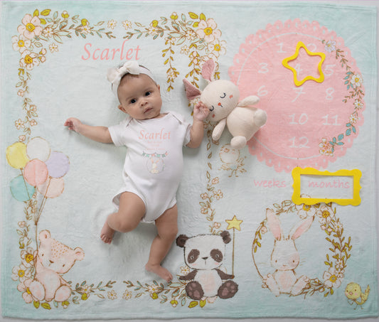 Bunny and Friends Floral Garden Personalized Milestone Blanket and Markers