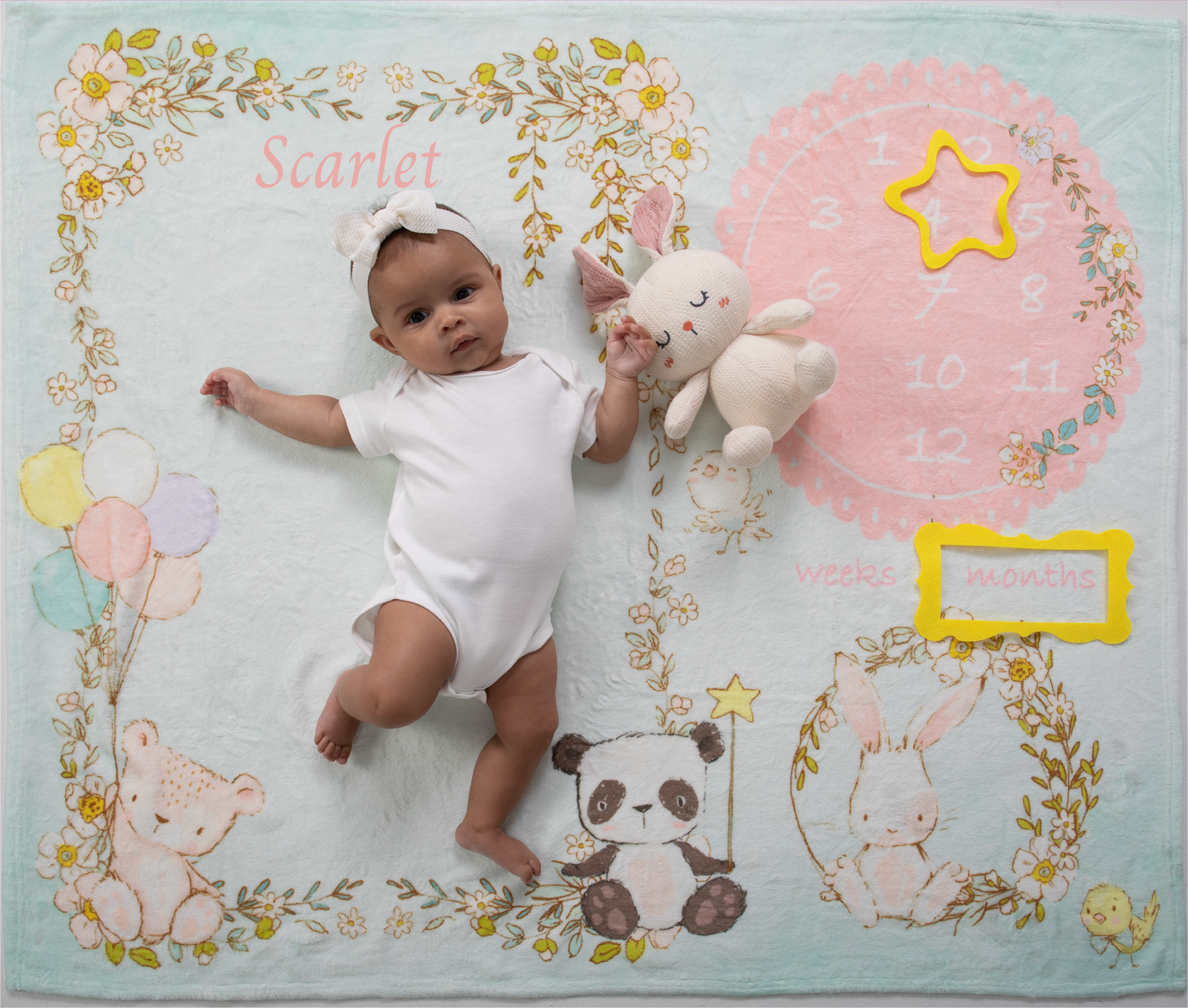 Capture your baby's growth and development with our soft and cozy bunny and friends floral garden milestone blanket. It's perfect for monthly photos to track your little one's growth and create cherished keepsakes. Baby Milestone Blanket: 39" W x 47" H