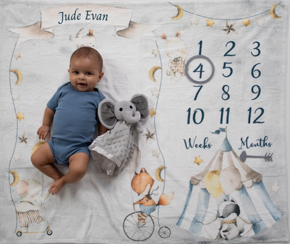 Capture the magic of your baby's growth with our soft and adorable milestone blanket. Crafted from plush, high-quality material, this blanket features a whimsical woodland/forest animals magical circus design that makes it perfect for monthly photo sessions. The blanket includes a spacious area where you can add your baby's name, making it a cherished keepsake for years to come. Watch your little one grow, and create a heartwarming keepsake of their first year. Baby Milestone Blanket: 39" W x 47" H