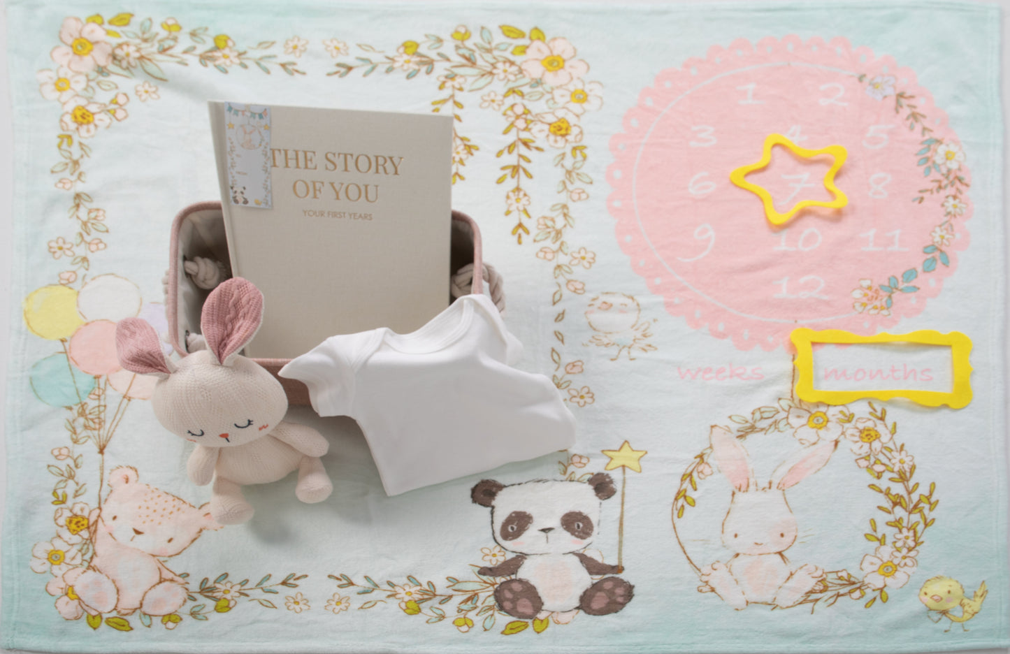 Crafted with high-quality plush fleece material, the Bunny and Friends Floral Garden  Monthly Milestone Blanket is not just for show—it's designed to withstand the wear and tear of monthly photoshoots, providing a durable and beautiful canvas for your baby's growth.