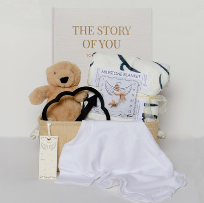 Other matching items are available. Add a plush stuffed bear, baby memory book with matching bookmark, matching onesie and reusable matching storage basket with rope handles. Perfect for office, family & friends baby showers, birth announcements, gender reveal, welcome home baby and new parent gifts.