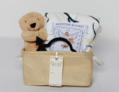 Celebrate every precious moment of your little one's journey with our beautifully curated Baby Milestone Basket. This thoughtfully designed gift set combines essential items to make your baby's first year full of memories and joy. Whether you're gifting it to a new parent or preparing for your own bundle of joy, this basket is a delightful choice that will be cherished for years to come.