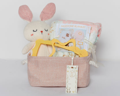 Other matching items are available. Add a crochet stuffed bunny, baby memory book with matching bookmark, matching onesie and reusable matching storage basket with rope handles. Perfect for office, family & friends baby showers, birth announcements, gender reveal, welcome home baby and new parent gifts.